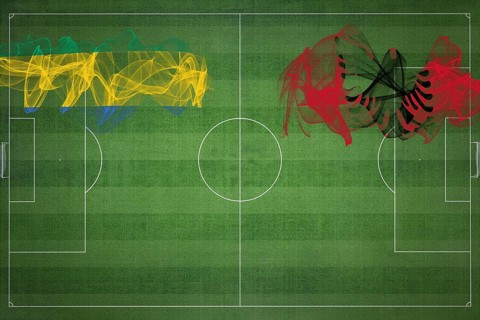 Gabon vs Albania Soccer Match, national colors, national flags, soccer field, football game,