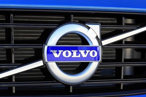 TURKU, FINLAND, JULY 29, 2017: Sign Volvo on the grille of a new blue car. Carmaker Volvo announces