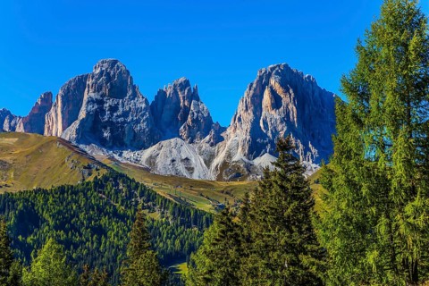 The most picturesque route in the Italian Dolomites, the Southern Limestone Alps. The coniferous