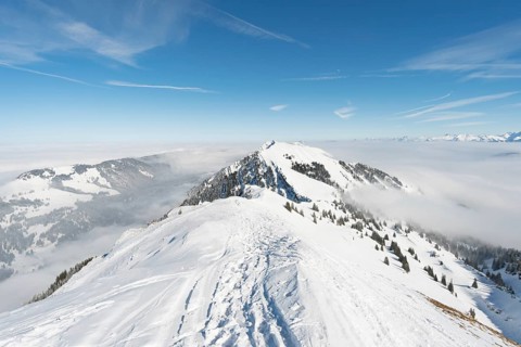 Fantastic snowshoe tour on the Hochgrat at the Nagelfluhkette in Allgau, Bavaria