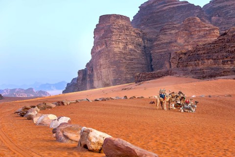 Jordan, camels caravan rests in majestic Wadi Rum desert, Valley of the Moon. Landscape with