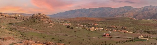 Sunset over a beautiful peaceful landscape of the Anti-Atlas mountains near Tirourgane, Morocco,