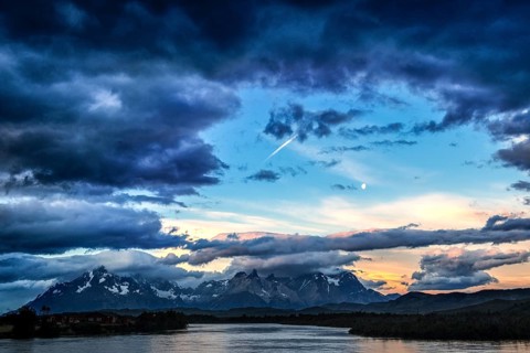 View over Lago Paine to the Cuernos and Torres del Paine, Torres del Paine National Park,