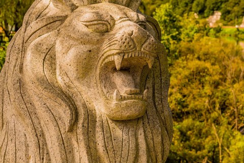 Daejeon, South Korea, September 16, 2019: Closeup of statue of lion roaring on display at Road