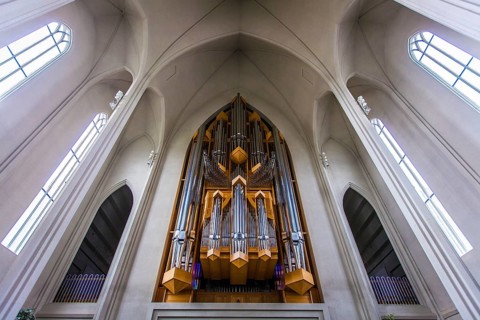 REYKJAVIK, ICELAND, JULY 06: Interior view of the pipe organ and architectural design of