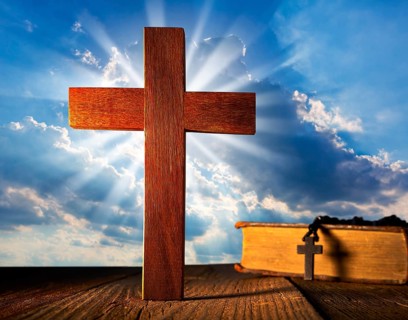 Christian wood cross on blue sky wooden made with Bible and rosary beads
