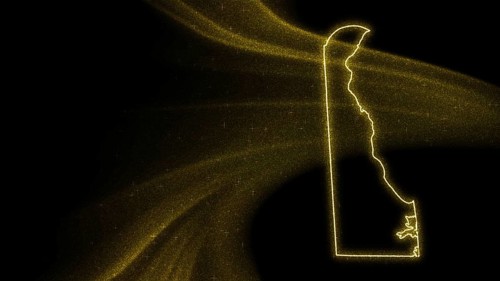 Map of Delaware, Gold glitter map on dark background