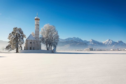 St Coloman on a sunny winter's day, Allgäu, Germany, Europe