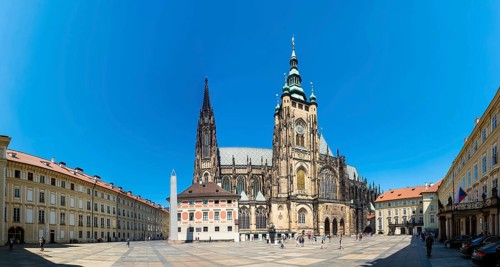Prague, Czech Republic, 08 01 2020 Panoramic view over the square and facades of the Prague Castle,