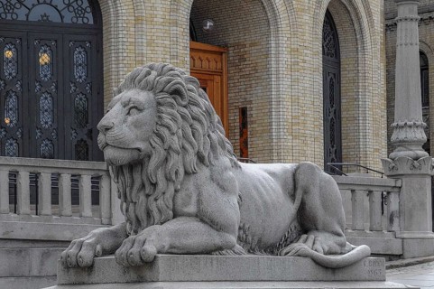 Magnificent stone lion statue in front of a historic building, oslo, norway