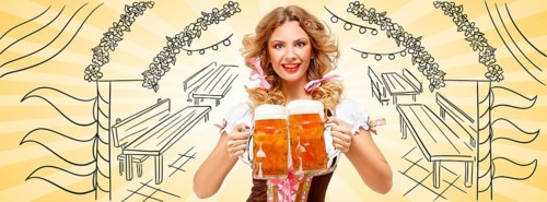 Beautiful sexy Oktoberfest woman wearing a traditional Bavarian dirndl dress serving two beer mugs
