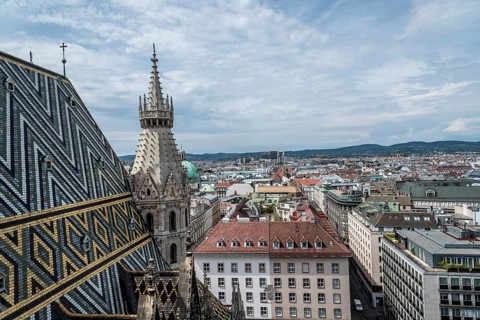 Vienna, Austria, August 16, 2017: Panoramic view of Vienna from the roof of Cathedral of St Stephen