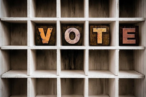 The word VOTE written in vintage ink stained wooden letterpress type in a partitioned printer's
