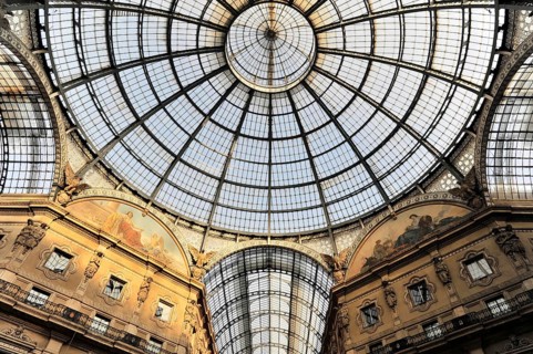 Vittorio Emanuele II Gallery, glass dome seen from the arcade, first covered shopping arcade in the