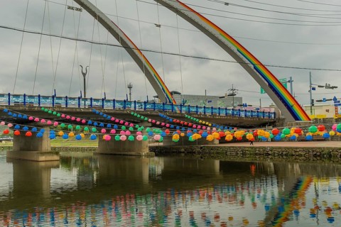 Youngdong County, South Korea. April 25, 2019: Paper lanterns hanging from bridge in preparation