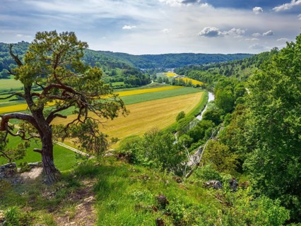 View over the Altmuehltal valley from a rock formationcalled twelve apostles
