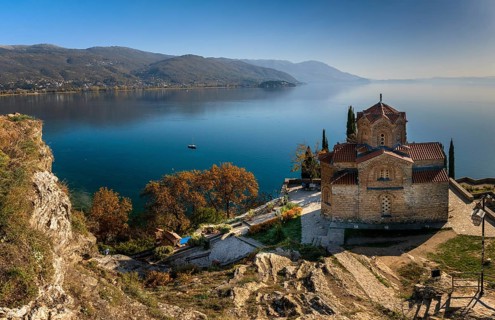 Ohrid, North Macedonia, 1 November, 2022: view of the church of Saint John and Lake Ohrid in North