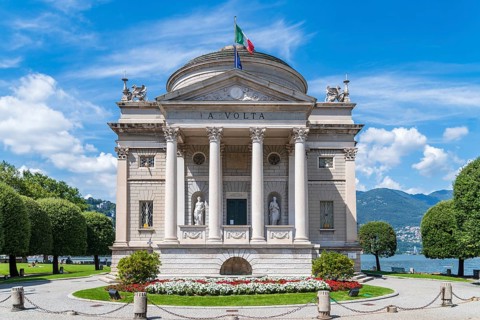 COMO, ITALY, AUGUST 6, 2021: Museum Tempio Voltiano exterior on Lake Como, dedicated to the Italian