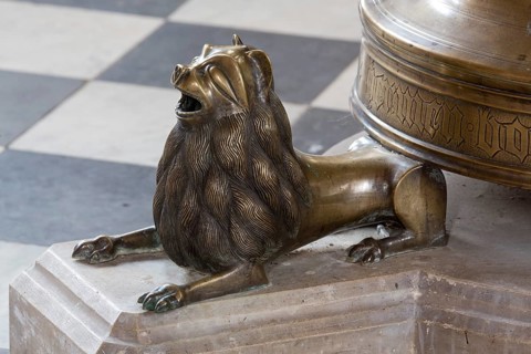 Candlestick, bronze lion, Saint, Saint