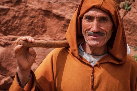 Berber farmer with hoe, Ait Blal, azilal province, Atlas mountain range, morocco