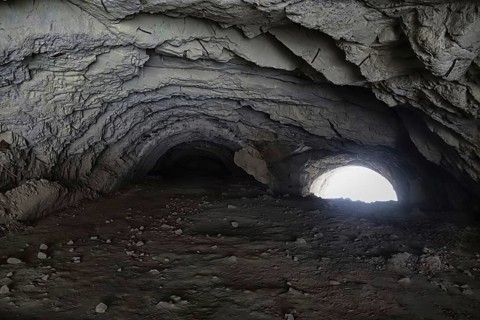 Mudslide destroyed tunnel and road. Natural disaster in mountains in gorge