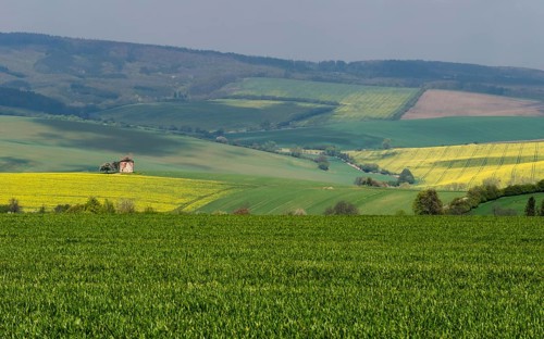 Rural abstract landscape with rolling hills and windmill in South Moravia, Czech Republic, Europe