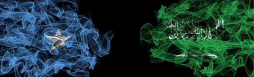 Flags of Somalia and Saudi Arabia on Black background, Somalia vs Saudi Arabia Smoke Flags
