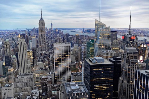 Rockefeller Center observation deck, panoramic view of the dense skyline of New York City, panorama