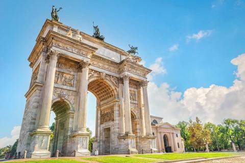 Arch of Peace in Milan at sunny summer day, Italy, Europe