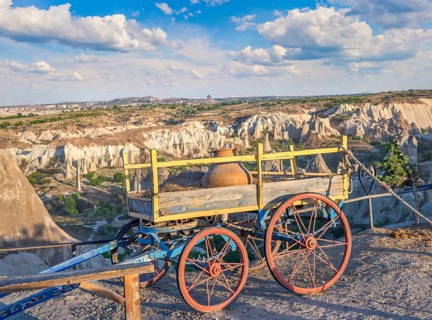 Old wooden cart in the Valley of love in Cappadocia, Turkey, Asia