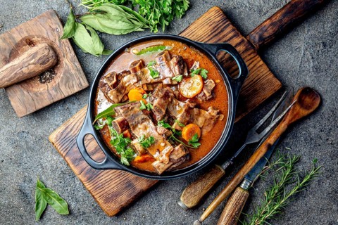 Food, Bourguignon beef ribs stewed with onion, carrot in red wine