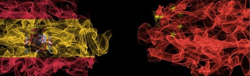 Flags of Spain and China on Black background, Spain vs China Smoke Flags