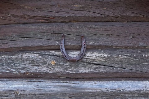 Closeup of old rusty horseshoe hanging on log wall