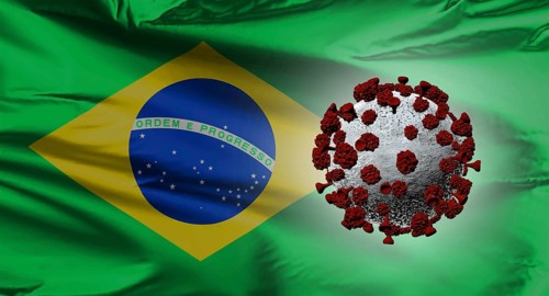 A Brazilian flag with a Covid-19 virus. South Brazilian variant