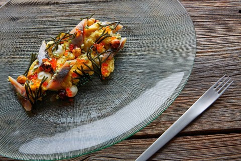 Smoked sardines salad with creamy cheese corn codium and hazelnuts