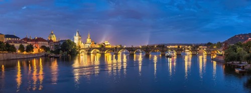 Prague Czechia Czech Republic, panorama night city skyline at Charles Bridge and Prague old town