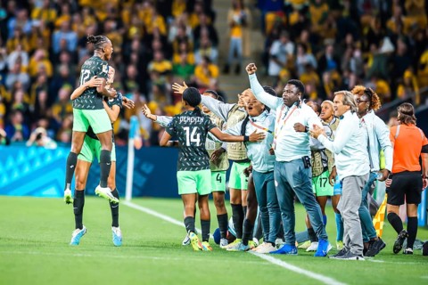 BRISBANE, AUSTRALIA, JULY 27: Uchenna KANU of Nigeria celebrates scoring as Australia plays Nigeria