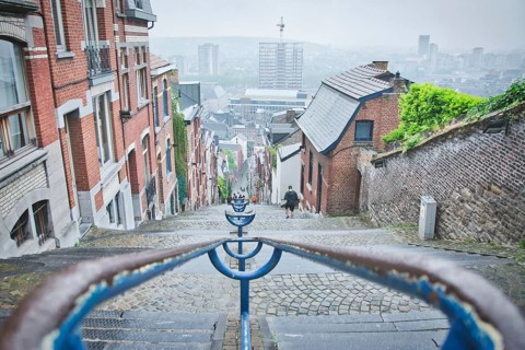 Liege, Belgium, June 2021: Famous Montagne de Bueren stairs in Liege, Belgium. 374 steps staircase,