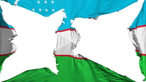 Destroyed Uzbek flag, white background, 3d rendering