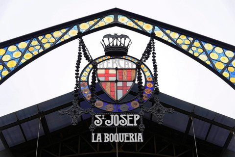 Sign at the entrance of La Boqueria market in Barcelona, Spain, Europe, Close-up of a decorative