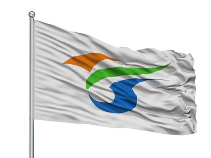 Yokote City Flag On Flagpole, Country Japan, Akita Prefecture, Isolated On White Background