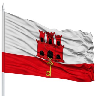 Gibraltar Flag on Flagpole, Flying in the Wind, Isolated on White Background