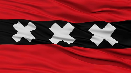 Closeup Amsterdam City Flag, Capital City of Netherlands, Waving in the Wind