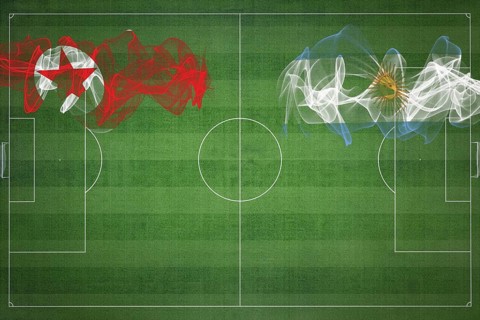 North Korea vs Argentina Soccer Match, national colors, national flags, soccer field, football
