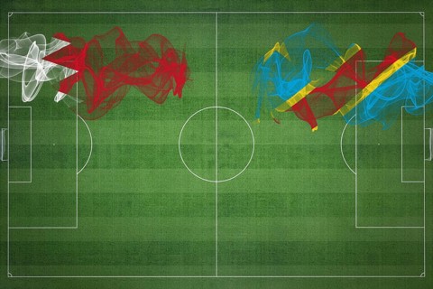 Bahrain vs DR Congo Soccer Match, national colors, national flags, soccer field, football game,