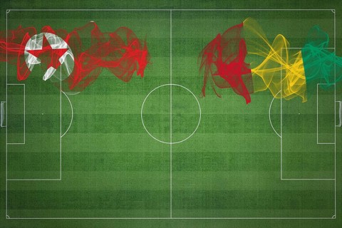 North Korea vs Guinea Soccer Match, national colors, national flags, soccer field, football game,