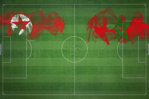 North Korea vs Morocco Soccer Match, national colors, national flags, soccer field, football game,