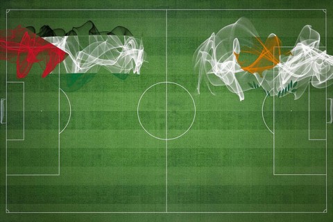 Palestine vs Cyprus Soccer Match, national colors, national flags, soccer field, football game,