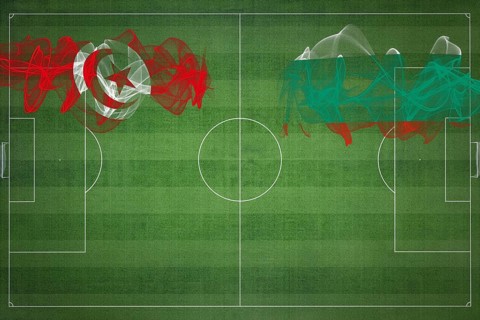 Tunisia vs Bulgaria Soccer Match, national colors, national flags, soccer field, football game,