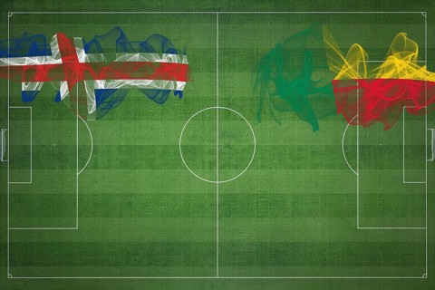 Iceland vs Benin Soccer Match, national colors, national flags, soccer field, football game,